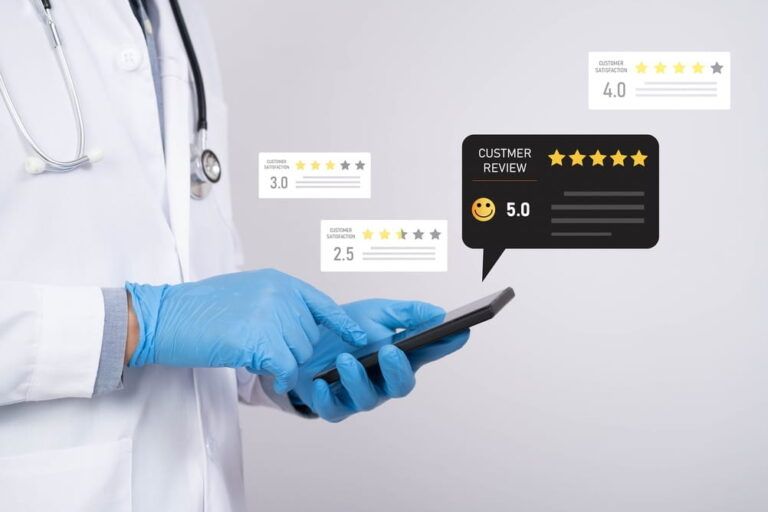 Doctor using smartphone with customer review rating interface, highlighting patient satisfaction and online feedback.