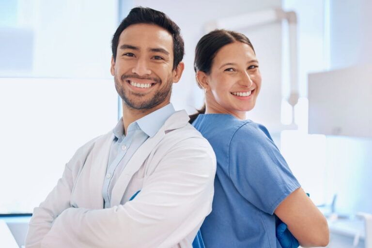 Portrait, dentist team and arms crossed in clinic for orthodontics, collaboration and support