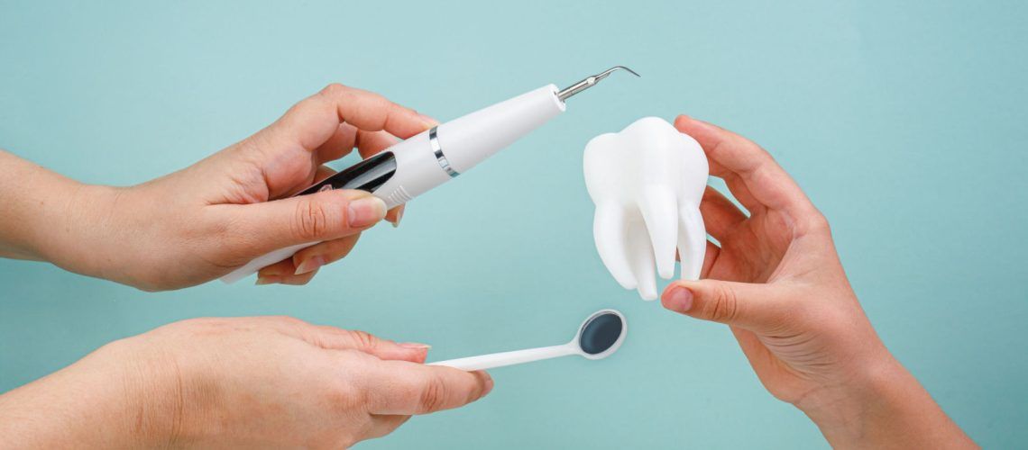 Hands Holding Tooth Model, Cleaner, and Mirror