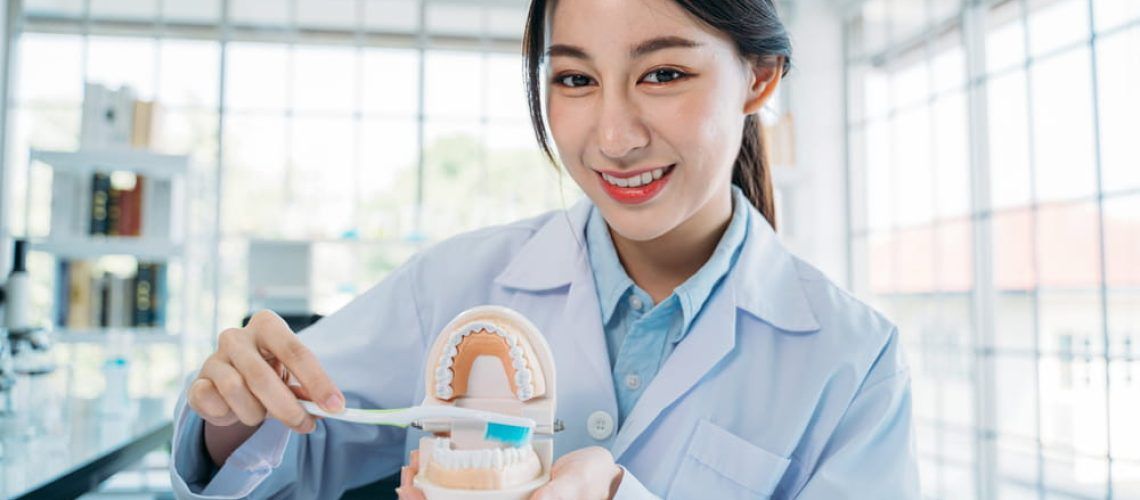 Portrait of beautiful young Asian female dentist demonstrating right way to brush teeth holding mouth model and toothbrush while recording video blog for online teaching