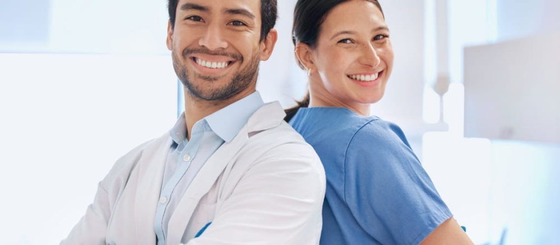 Portrait, dentist team and arms crossed in clinic for orthodontics, collaboration and support